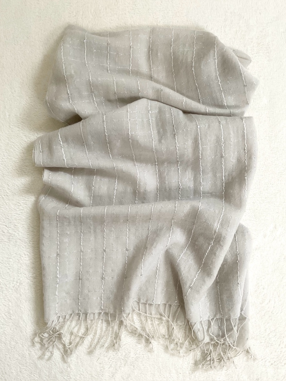 Light Gray Metallic Sequin Fringe Evening Wrap Shawl 23”x67”